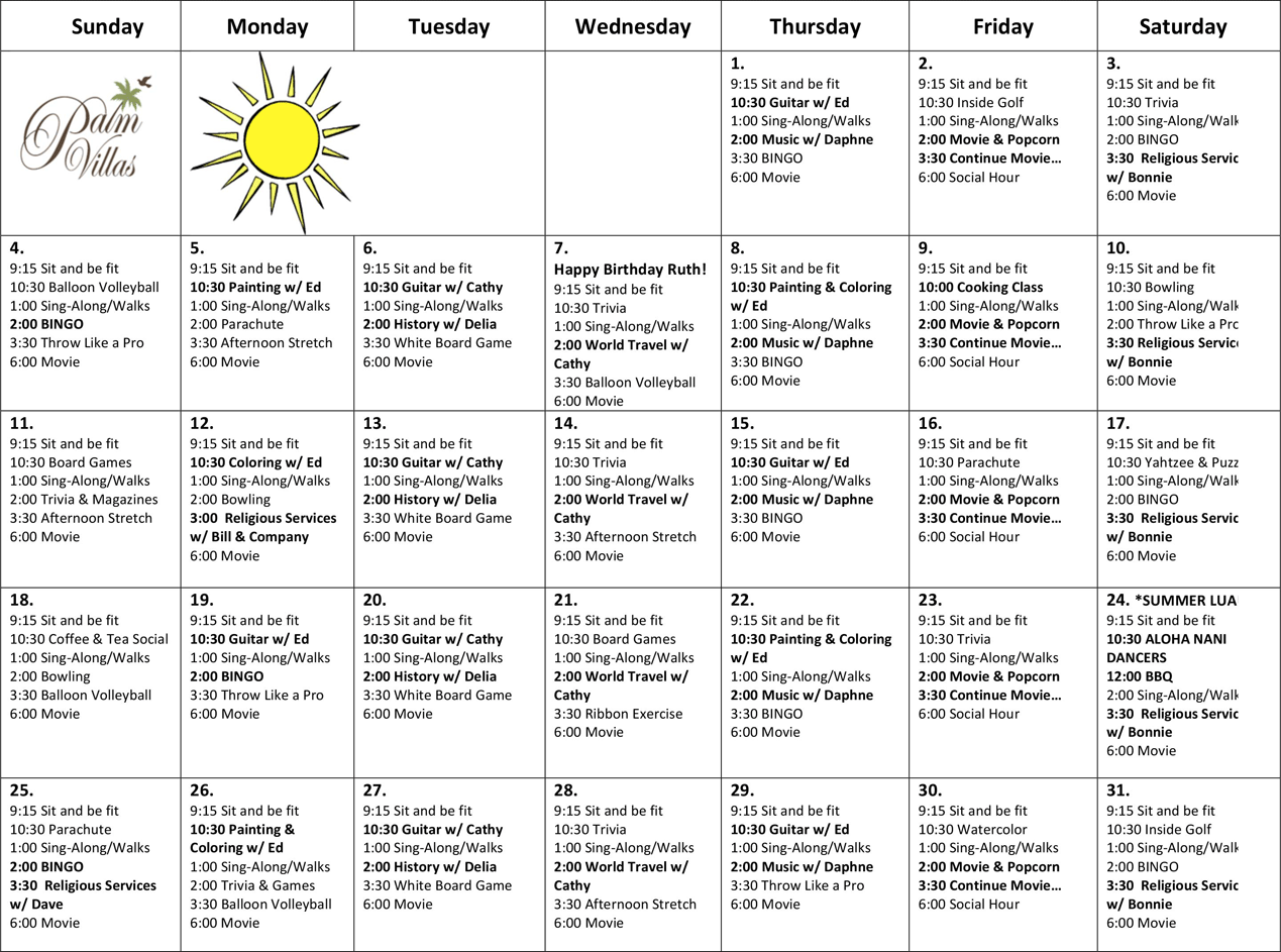 Activities Calendar (sample)