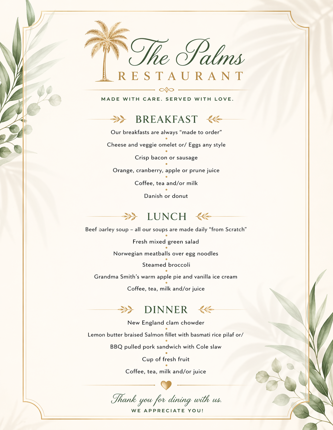 The Palms Restaurant Menu